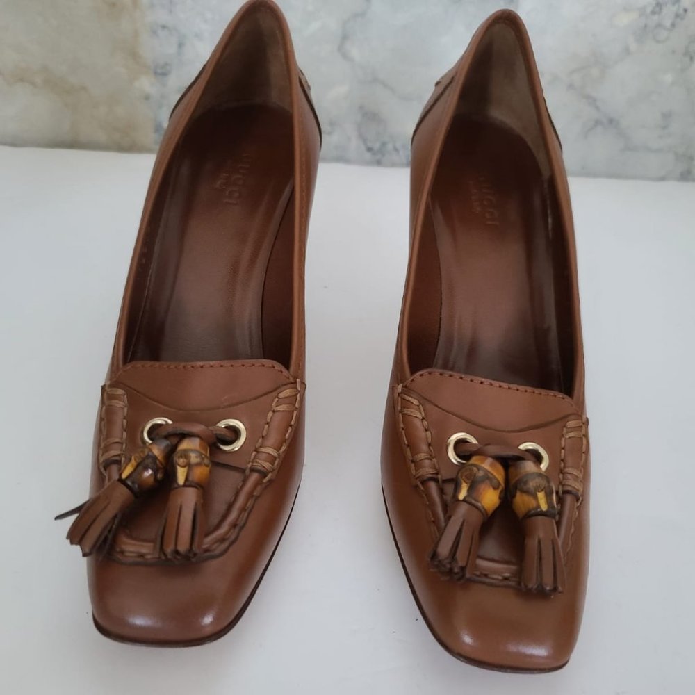 NEW Gucci Brown Leather Bamboo Tassel Loafer Pumps - Picture 6 of 8
